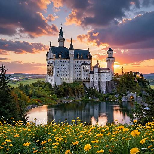 Photograph of a picturesque medieval castle with tall spires, surrounded by a reflective lake, yellow wildflowers in the foreground, and a vibrant, colorful
