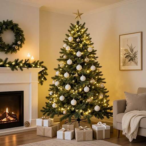 Photograph of a warmly lit living room with a decorated Christmas tree, wrapped gifts, wreath, fireplace, and framed art.