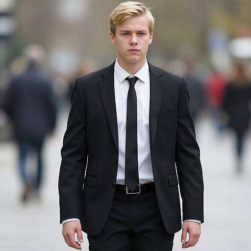Photograph of a young, blonde, fair-skinned man with a serious expression, wearing a black suit, white shirt, and black tie, walking
