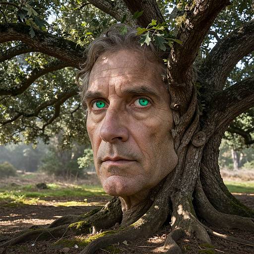 Photograph of a middle-aged man with green eyes, weathered face, and gray hair, partially hidden behind a large, gnarled tree in