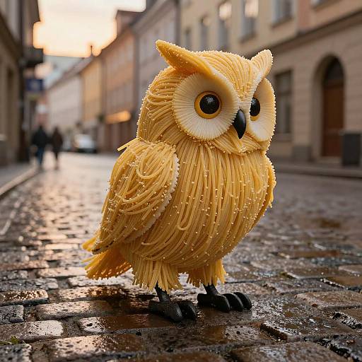 Spaghetti Owl on Rainy European Street