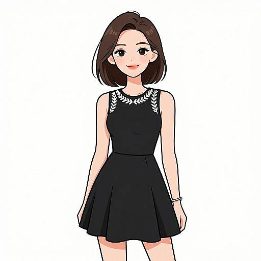Digital anime-style drawing of a smiling young woman with short brown hair, wearing a sleeveless black dress with white floral accents, standing against a plain white