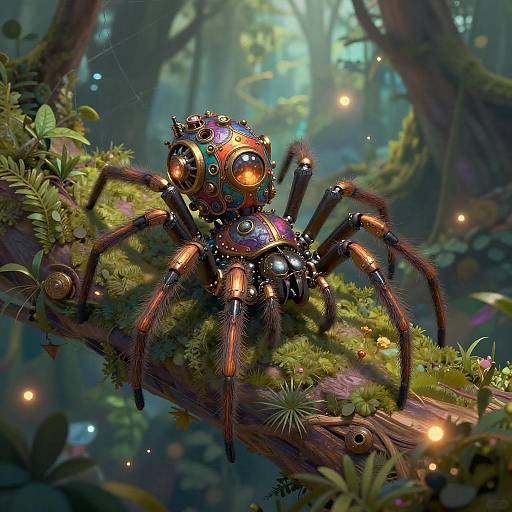 Vibrant Steampunk Spider in Fantasy Forest