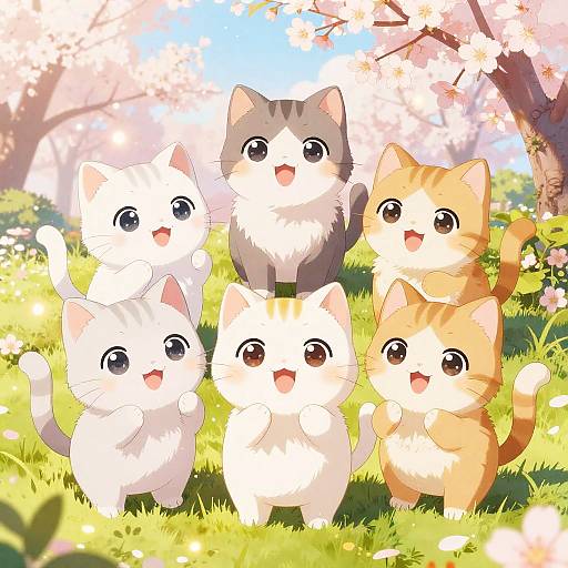 Cute Anime Cats in Cherry Blossom Garden