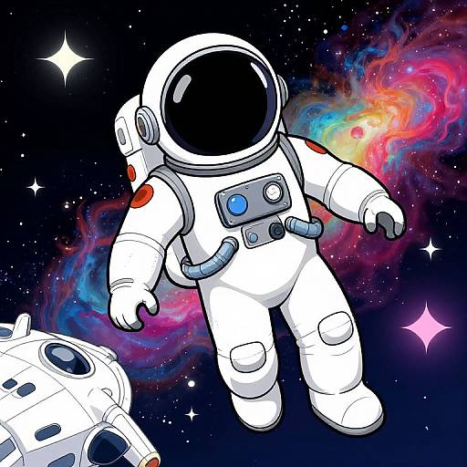 Cartoon-style astronaut in white spacesuit with black helmet, blue and red buttons, floating in colorful nebula with stars and another space module below.