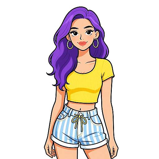Digital illustration of a smiling woman with long purple hair, wearing a yellow crop top and blue-striped high-waist shorts, with large hoop earrings.