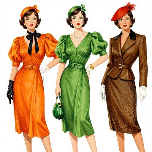 Vintage fashion illustration: three women in 1930s-40s style dresses; left orange with puffed sleeves, center green with hat, right