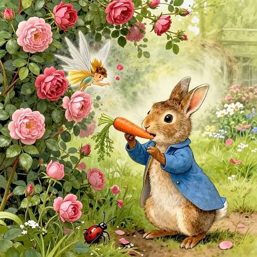 Illustration of a cute, brown rabbit in a blue jacket holding a carrot, interacting with a fairy amidst pink roses and a ladybug. Bright,