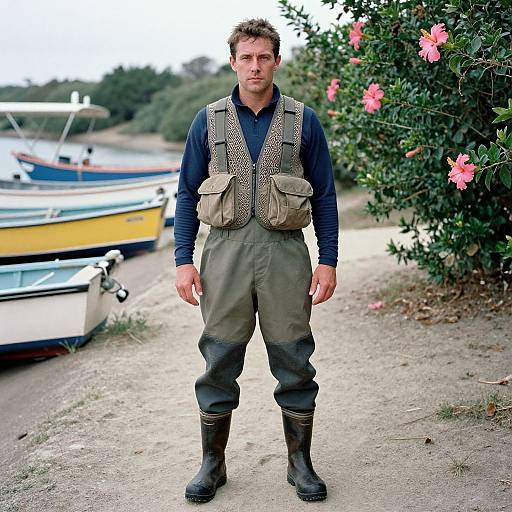 Photograph of a serious-looking man in fishing gear, including waders, vest, and boots, standing on a riverside path with boats and pink