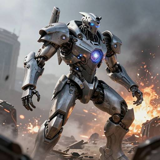 Photorealistic CGI of a silver, glowing-blue-eyed robotic warrior standing amidst a fiery, war-torn cityscape, with debris and explosions in the