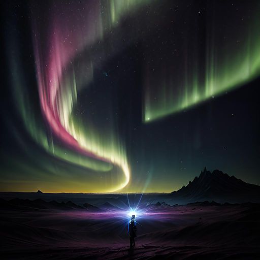 Futuristic Robot Holding Glowing Orb on Alien Landscape