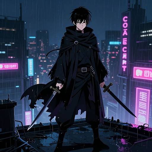 Cyberpunk night scene: lone, black-cloaked, spiky-haired male warrior with two swords stands on a wet rooftop, neon signs glowing
