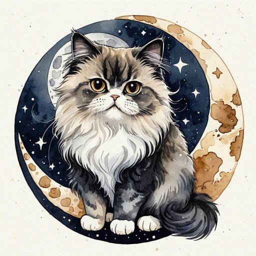 Watercolor Persian Cat with Waxing Gibbous Moon