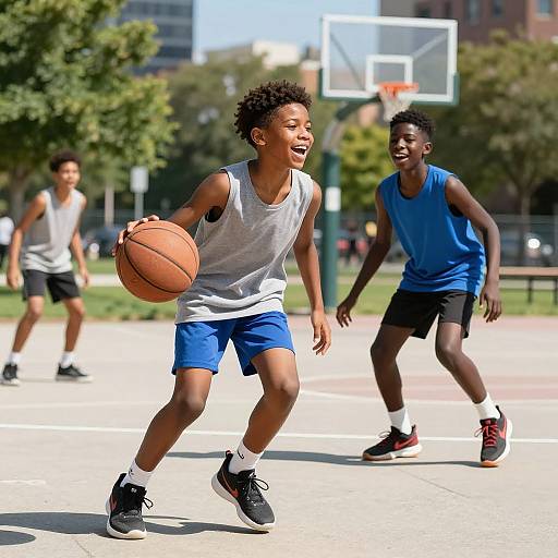 Photograph of four African-American teenage boys playing basketball on a sunny outdoor court, with one boy dribbling the ball excitedly.