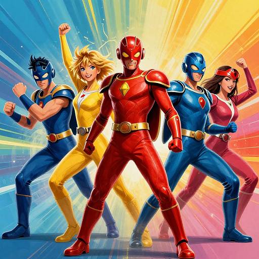 Colorful comic-style illustration of five superhero characters in dynamic poses: red, blue, yellow, red, and blue costumes, bright background, fists raised