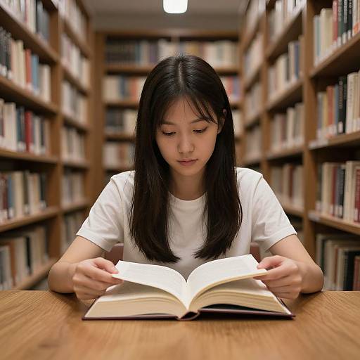 Photograph of an East Asian woman with straight black hair, wearing a white t-shirt, reading an open book in a library aisle surrounded by shelves of