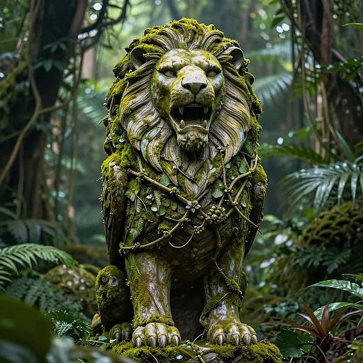 Photograph of a moss-covered, detailed stone lion statue in a lush, dense forest with ferns and tall trees, standing proudly.