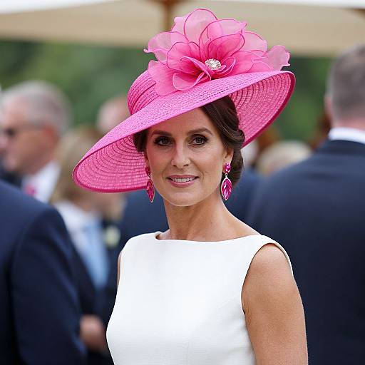 Photograph of a smiling middle-aged woman in a white dress, wearing a large pink hat with a large flower, pink earrings, and standing outdoors at