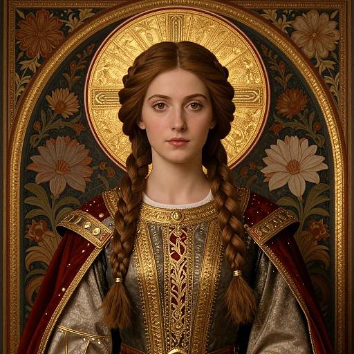 Digital portrait of a young woman with braided brown hair, golden halo, and ornate medieval attire, surrounded by floral patterns.