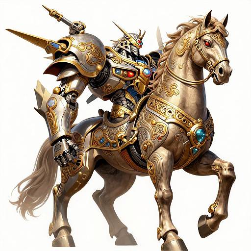 Digital artwork of an armored warrior with red eyes riding a golden, ornate horse with blue gems, both in a dynamic pose.