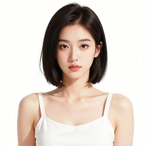 Digital portrait of a young Asian woman with straight black bob haircut, wearing a white tank top, against a white background.