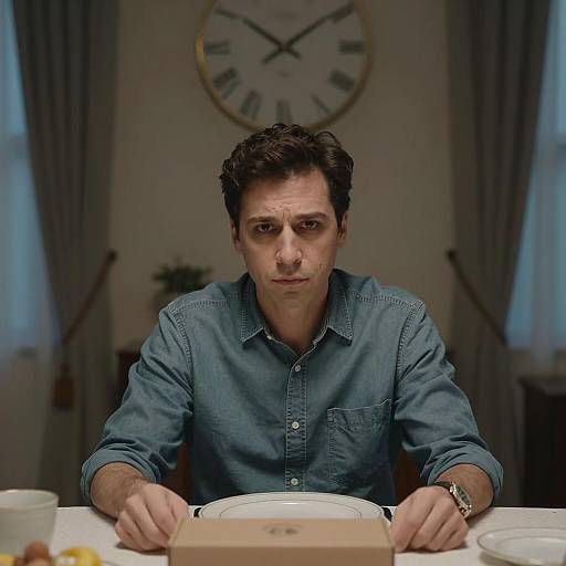 Intense Man at Table in Dim Light
