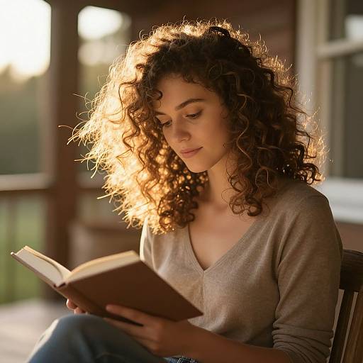 Photograph of a young woman with curly brown hair, wearing a light gray V-neck sweater, reading a book in warm, golden sunlight. She sits