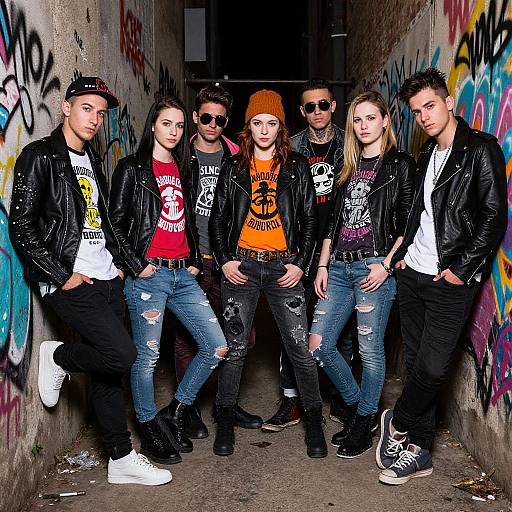 Photograph of six young people in a graffiti-covered, narrow hallway. They wear black leather jackets, ripped jeans, and casual shirts, standing confidently with