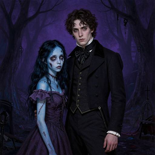 Photograph-style digital artwork of a pale blue-skinned woman with black hair in a purple dress and a curly-haired man in black Victorian attire, standing