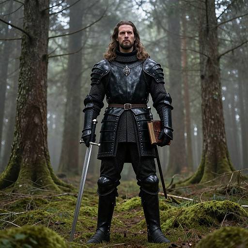 Photograph of a bearded man with long brown hair, wearing black medieval armor, standing in a foggy forest with moss-covered ground, holding a
