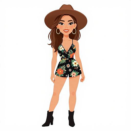 Digital illustration of a smiling woman with long brown hair, wearing a brown wide-brim hat, black floral romper, and black ankle boots. Large