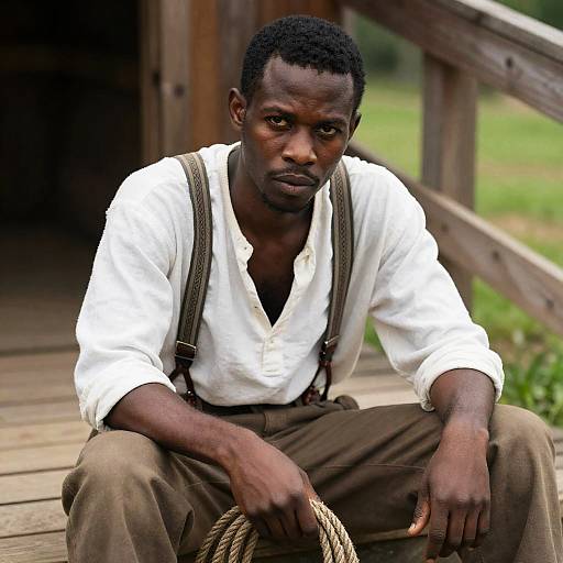 Man Sitting on Wooden Steps Holding Rope
