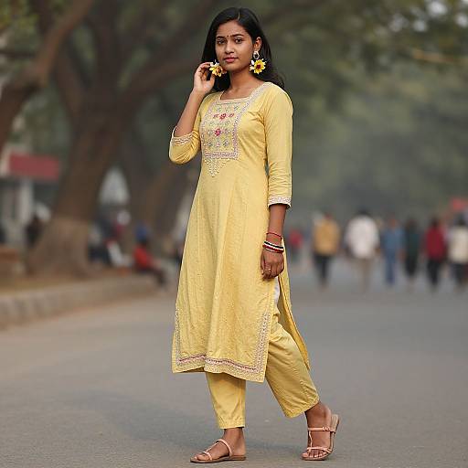 Photograph of a young South Asian woman in a yellow traditional kurti and pyjama, holding a flower, walking on a tree-lined street