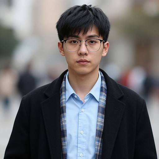 Photograph of an Asian man with black hair, glasses, and a serious expression, wearing a black coat, light blue shirt, and plaid scarf
