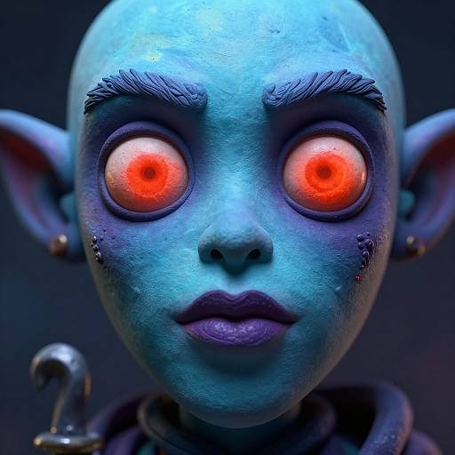 CGI blue-skinned goblin with large, glowing red eyes, dark purple lips, and pointed ears, against a dark blue background.