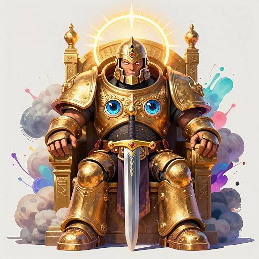 Digital art of a muscular, armored warrior with blue eyes, seated on a golden throne, holding a sword, glowing halo behind.