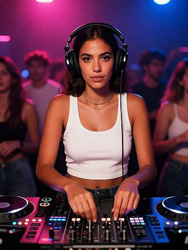 Confident Female DJ in Neon Club
