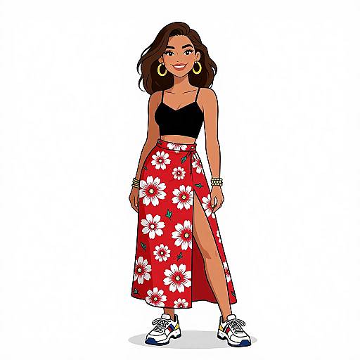 Digital drawing of a smiling woman with dark brown hair, wearing a black crop top, red floral skirt with a high slit, white sneakers, and gold