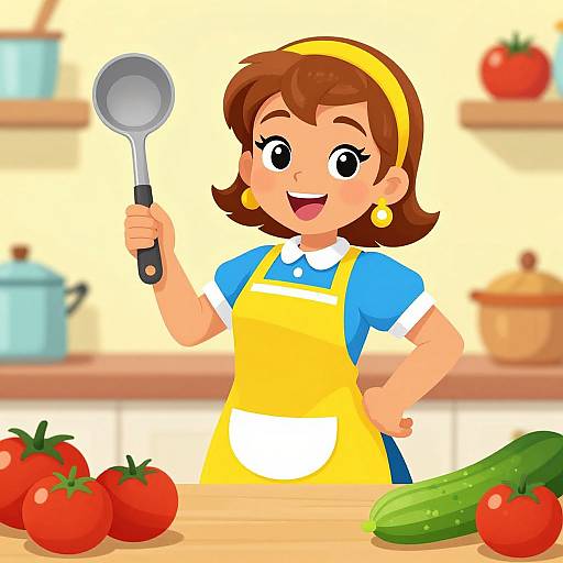 Cartoon illustration of a smiling brown-haired girl in yellow apron, holding a spatula, surrounded by tomatoes and a cucumber.
