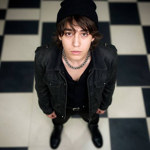 Photograph of a young man with pale skin, brown wavy hair, black beanie, black jacket, chain necklace, black shirt, and pants