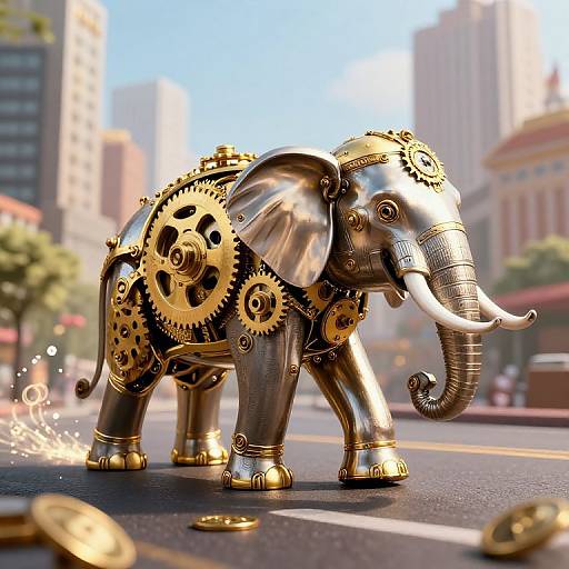 Clockwork Elephant in Vibrant Cityscape