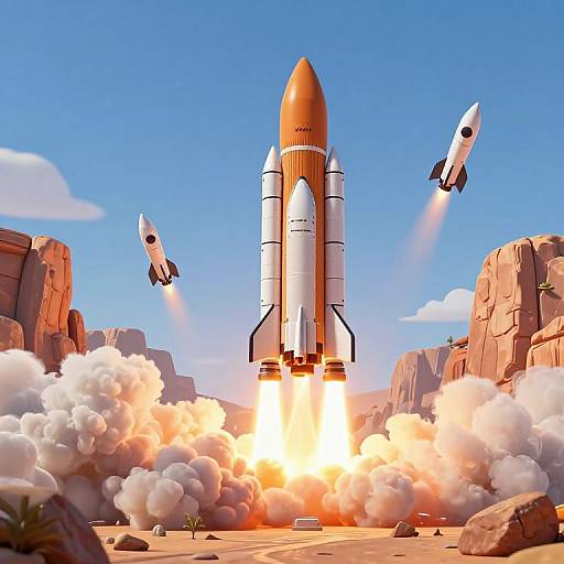 3D Cartoon Rocket Launch in Desert