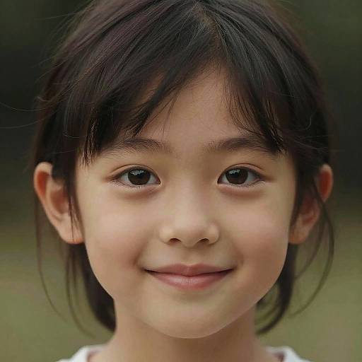 Photograph of a young Asian girl with straight black hair, large brown eyes, and a gentle smile, set against a blurred green background.