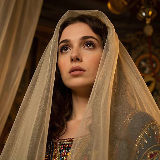 Photograph of a young woman with olive skin and dark brown eyes, wearing a sheer beige veil and ornate, embroidered traditional dress, looking upward with