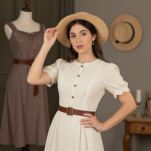 Photograph of a fair-skinned woman with dark hair, wearing a white lace dress with brown buttons and belt, and a straw hat, standing in