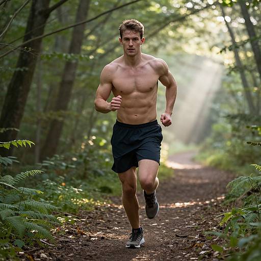 Photograph of a muscular, shirtless man with short brown hair jogging on a forest path, wearing black shorts and running shoes. Sunlight filters through