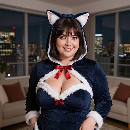 Photograph of a smiling woman with fair skin, brown bob haircut, wearing a black cat-eared hooded costume with white fur trim, red bow