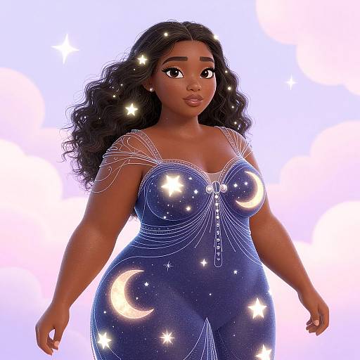 Digital illustration of a curvy, dark-skinned woman with long curly hair, wearing a starry, crescent moon-patterned bodysuit,