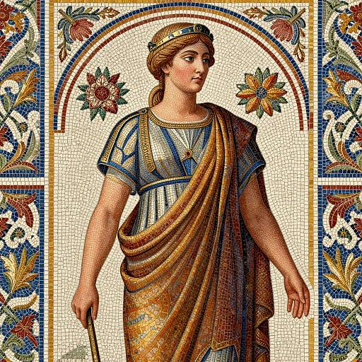 Mosaic artwork of a classical Roman woman with brown hair, wearing a gold and blue toga, holding a staff, surrounded by floral patterns and a