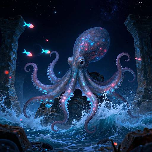 Digital fantasy artwork: Glowing blue and pink octopus with large eyes emerging from turbulent waves under dark, starry sky, framed by ancient stone ruins